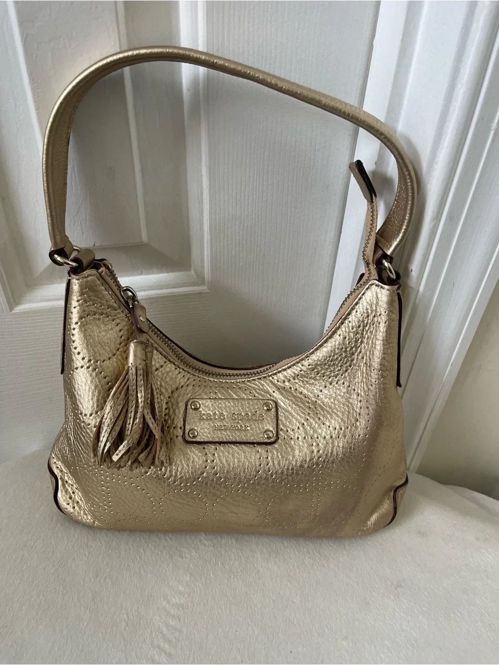 Kate Spade Y2K Vintage Metallic Gold Leather Shoulder Bag with Tassel